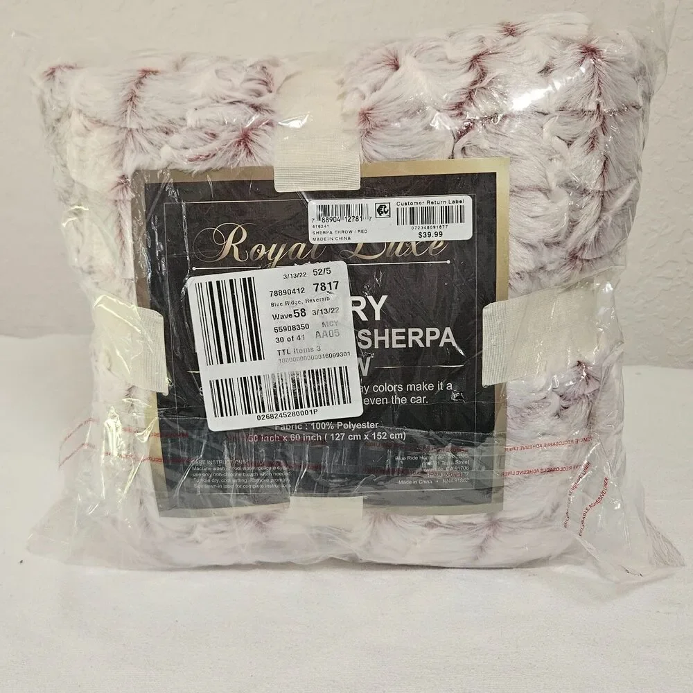 Royal Luxe Faux Fur Sherpa Throw Blanket 50x60 Ivory Red Soft Plush Reversible